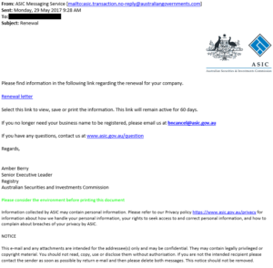 ASIC Scam Email Example
